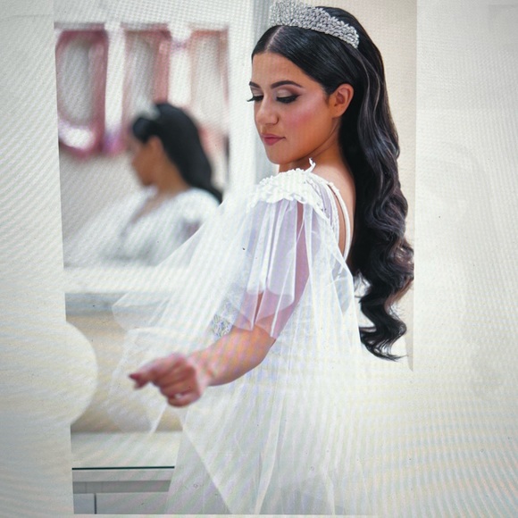 Sheer tulle lace white organza wedding bridal long morning robe boudoir dress - Picture 3 of 8